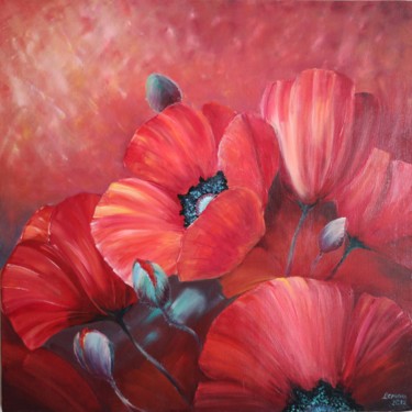 Painting titled "Poppies" by Natalie Demina, Original Artwork, Oil Mounted on Wood Stretcher frame