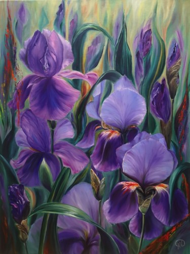 Картина под названием "Time of irises" - Natalie Demina, Подлинное произведение искусства, Масло Установлен на Деревянная ра…