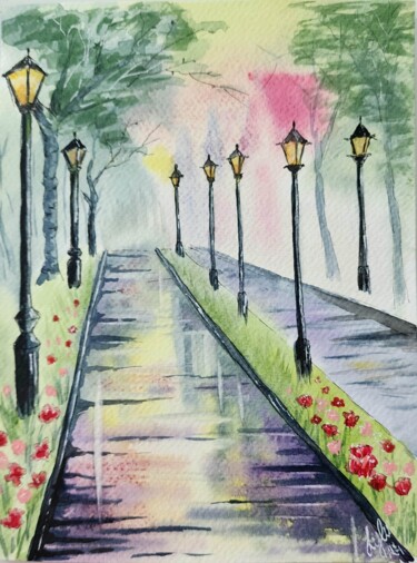 Malarstwo zatytułowany „Evening alley after…” autorstwa Nataliya Gulina, Oryginalna praca, Akwarela