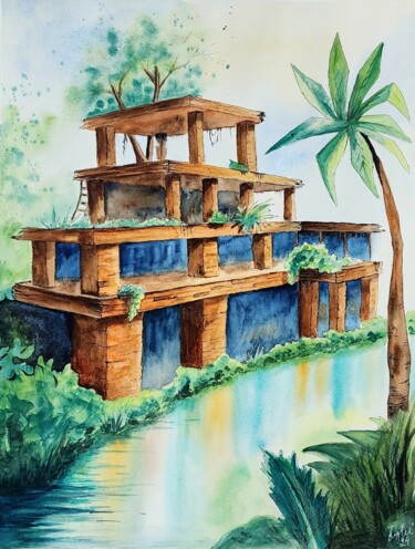 Malerei mit dem Titel "Sunken temple" von Nataliya Gulina, Original-Kunstwerk, Aquarell