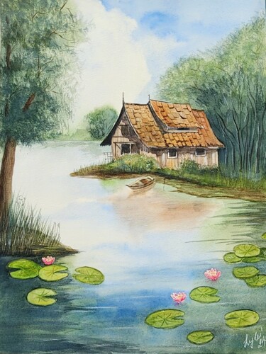 Painting titled "Water lilies" by Nataliya Gulina, Original Artwork, Watercolor