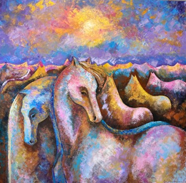 Pintura intitulada "Horses Painting Ori…" por Nataliya Rozhdestvenskaya, Obras de arte originais, Acrílico