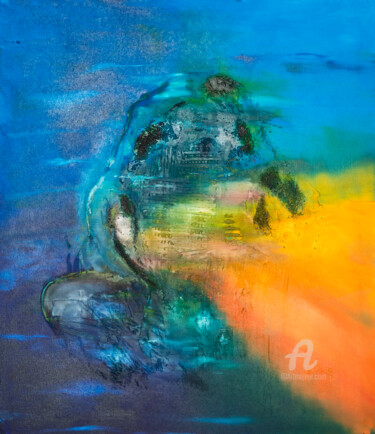 Painting titled "blue lagoon" by Natalja Surikova, Original Artwork, Oil Mounted on Wood Stretcher frame