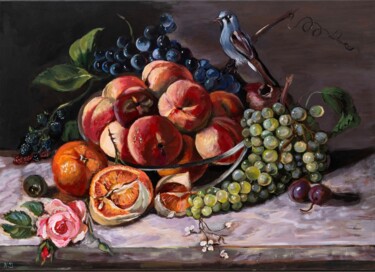 Painting titled "Peaches Still Life" by Natalja Dibanina, Original Artwork, Acrylic Mounted on Wood Stretcher frame