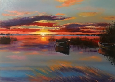Картина под названием "Закат на озере" - Наталия Осадчук, Подлинное произведение искусства, Масло
