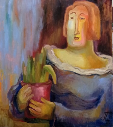 Картина под названием ""Женщина с цветком"" - Natalie Paukova, Подлинное произведение искусства, Масло