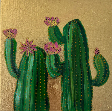 Painting titled "Cactuses on gold" by Natalya Abramova, Original Artwork, Acrylic