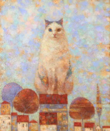 Painting titled "City cat" by Natalya Chepulskaya, Original Artwork, Oil Mounted on Wood Stretcher frame