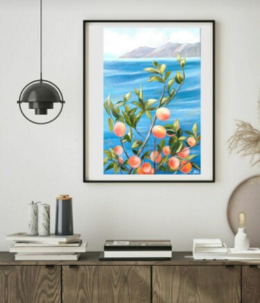 Painting titled "#Peach tree, blue s…" by Natalya Mitrofanova, Original Artwork, Oil