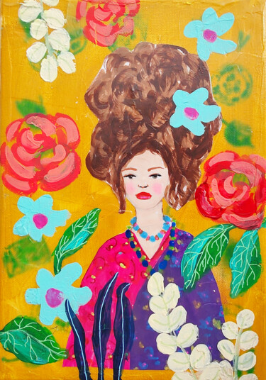 Pittura intitolato "Girl Flowers Vintag…" da Natalya Volynska, Opera d'arte originale, Acrilico