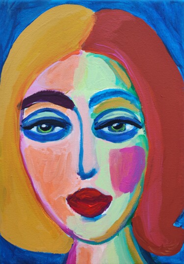 Pittura intitolato "Moon Face Woman Por…" da Natalya Volynska, Opera d'arte originale, Acrilico