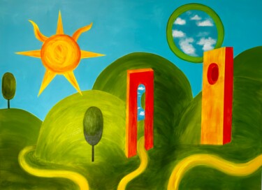 Painting titled "Sunny Hillsland" by Natasha Kochart, Original Artwork, Acrylic Mounted on Wood Stretcher frame