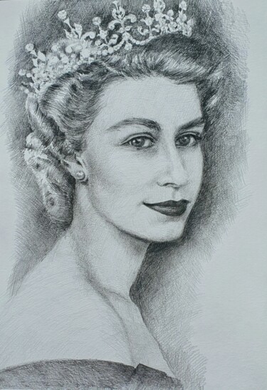 Desenho intitulada "HM The Queen Elizab…" por Natasha Sokolnikova, Obras de arte originais, Lápis Montado em Cartão
