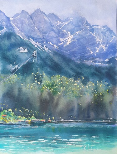 Schilderij getiteld "Lake Eibsee" door Natasha Sokolnikova, Origineel Kunstwerk, Aquarel Gemonteerd op Frame voor houten bra…