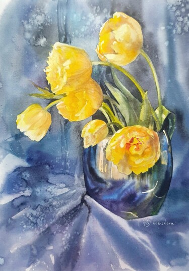 Pintura intitulada "Lemon tulips" por Natasha Sokolnikova, Obras de arte originais, Aquarela Montado em Cartão