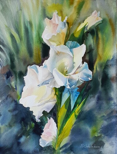 Painting titled "Sward lily" by Natasha Sokolnikova, Original Artwork, Watercolor Mounted on Wood Stretcher frame