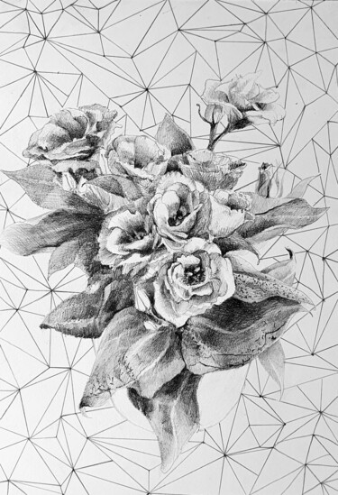 Drawing titled "Floral geometry" by Natasha Sokolnikova, Original Artwork, Pencil Mounted on Wood Stretcher frame