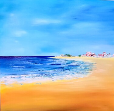 Painting titled "La plage" by Nathalie Beauvais, Original Artwork, Oil Mounted on Wood Stretcher frame