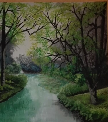 Картина под названием "Rivière verte" - Nathalie Choury, Подлинное произведение искусства, Масло Установлен на Деревянная ра…