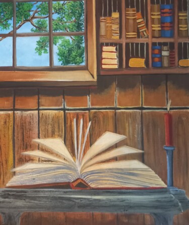 Картина под названием "Le livre ouvert" - Nathalie Choury, Подлинное произведение искусства, Масло Установлен на Деревянная…