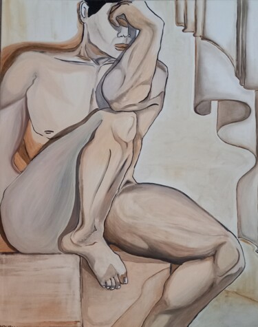 Schilderij getiteld "L'homme grecque" door Nathalie Choury, Origineel Kunstwerk, Olie Gemonteerd op Frame voor houten branca…