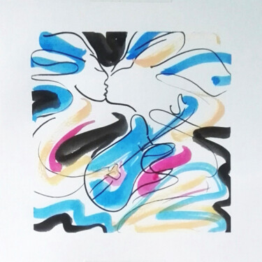 Painting titled "guitare bleue n5" by Nathalie Genneson (NATH), Original Artwork, Ink