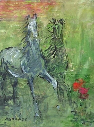Painting titled "chevaux et fleurs" by Nathalie Grange, Original Artwork, Acrylic Mounted on Wood Stretcher frame