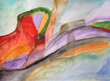 Ζωγραφική με τίτλο "Red Mountain" από Nathalie Gribinski, Αυθεντικά έργα τέχνης, Ακουαρέλα