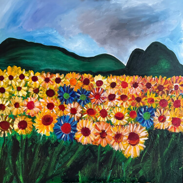 Ζωγραφική με τίτλο "Sunflowers" από Nathalie Gribinski, Αυθεντικά έργα τέχνης, Ακρυλικό Τοποθετήθηκε στο Ξύλινο φορείο σκελε…