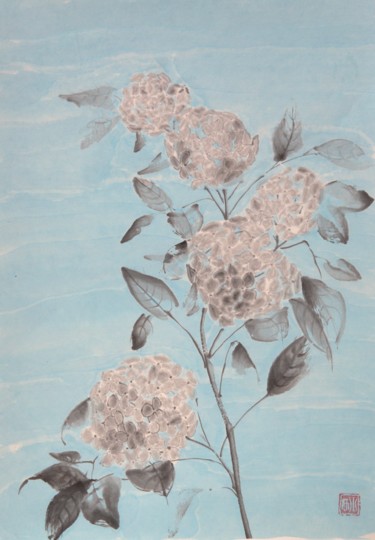 Malerei mit dem Titel "hortensia-pop" von Nathalie Guski, Original-Kunstwerk, Tinte