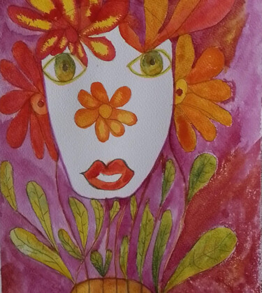 Painting titled "La femme fleur" by Nathalie Jasseny, Original Artwork, Watercolor