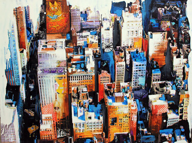 Painting titled "Time is city" by Nathalie Lemaitre, Original Artwork, Oil Mounted on Wood Stretcher frame