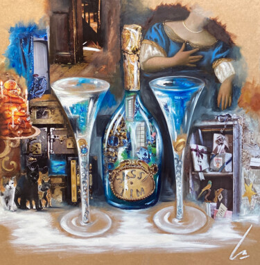 Ζωγραφική με τίτλο "Cats Love Champagne" από Nathalie Lemaitre, Αυθεντικά έργα τέχνης, Κολάζ Τοποθετήθηκε στο Ξύλινο φορείο…