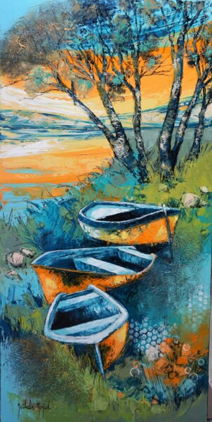 Painting titled "Barques au repos" by Nathalie Montel, Original Artwork, Acrylic Mounted on Wood Stretcher frame