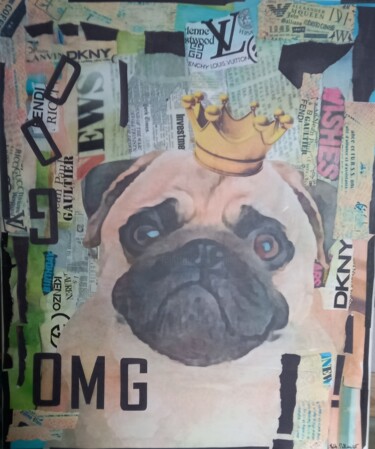 Collages titled "KING DOG 2" by Nathalie Pellissier, Original Artwork, Collages Mounted on Wood Stretcher frame