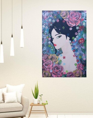 Painting titled "woman Rose" by Nathalie Pellissier, Original Artwork, Acrylic Mounted on Wood Stretcher frame