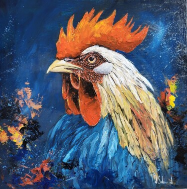 Painting titled "Le coq" by Nathalie Sabourin, Original Artwork, Oil Mounted on Cardboard