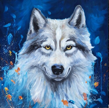 Painting titled "Husky" by Nathalie Sabourin, Original Artwork, Oil Mounted on Wood Panel