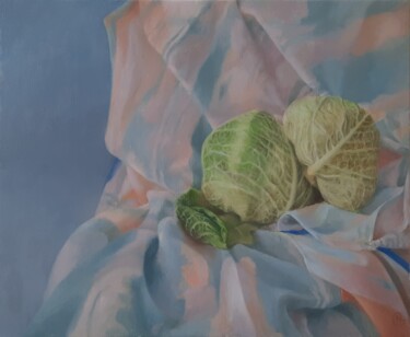 Painting titled "Foulard et choux" by Nathalie Gautier, Original Artwork, Oil Mounted on Wood Stretcher frame