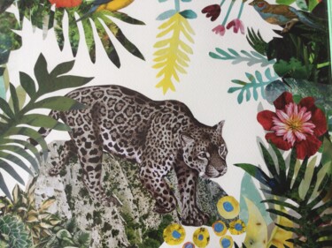 Colagens intitulada "Le jaguar" por Nathalie Vanlaer, Obras de arte originais, Colagens