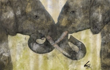 Digital Arts titled "Éléphants" by Natoo, Original Artwork, Digital Painting