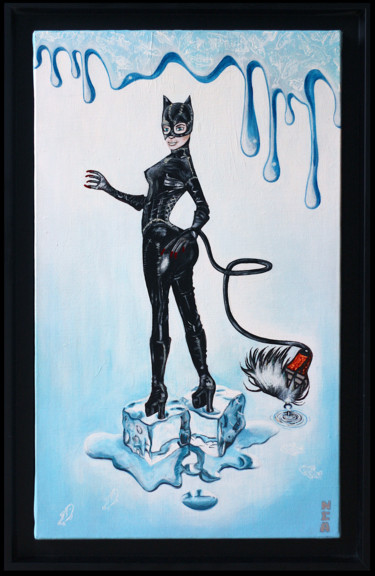 Ζωγραφική με τίτλο "FLUFFY CATWOMAN" από Nea Borgel, Αυθεντικά έργα τέχνης, Ακρυλικό Τοποθετήθηκε στο Ξύλινο φορείο σκελετό