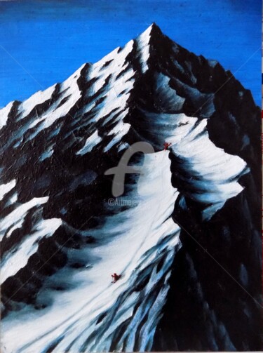 Painting titled "Desperate skiers" by Neint Visiroff, Original Artwork, Oil