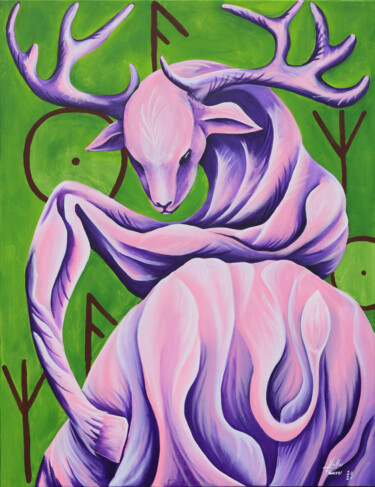 Painting titled "Deer Spirit" by Nella Fauve, Original Artwork, Acrylic Mounted on Wood Stretcher frame