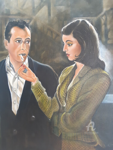Ζωγραφική με τίτλο "Humphrey Bogart" από Nelly Larue, Αυθεντικά έργα τέχνης, Λάδι Τοποθετήθηκε στο Ξύλινο φορείο σκελετό