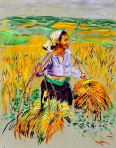 Peinture intitulée "récolte de riz" par Nelly Quéré Cougard, Œuvre d'art originale, Huile