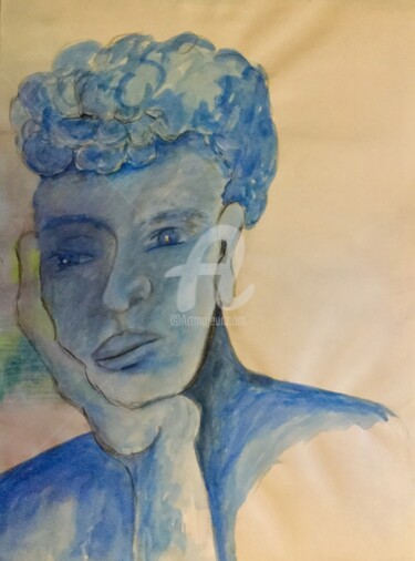 Painting titled "En bleu" by Nelly Coudoux, Original Artwork, Watercolor