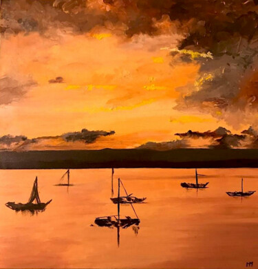 Painting titled "Gold sunset" by Nelly Marlier, Original Artwork, Oil