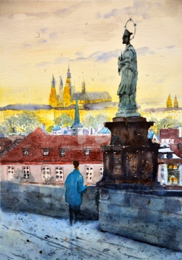 Pittura intitolato "Twilight In Prague…" da Nenad Kojić, Opera d'arte originale, Acquarello