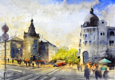 Painting titled "Jutarnji Tramvaj Is…" by Nenad Kojić, Original Artwork, Watercolor